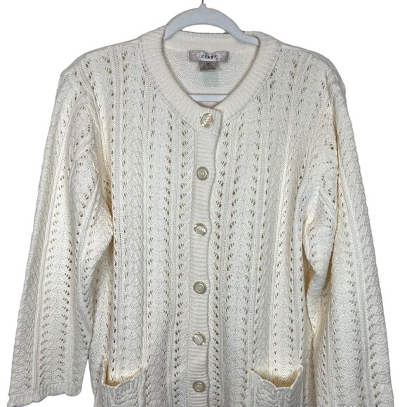 Jenny Cardigan Sweater Cable Knit Pointelle Button Front Cottagecore Cream 1X - Picture 3 of 11